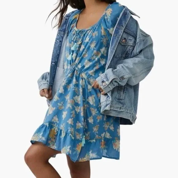 NEW Free People Carmella Mini Dress Blue Floral River Combo Boho Size XS - Picture 2 of 15